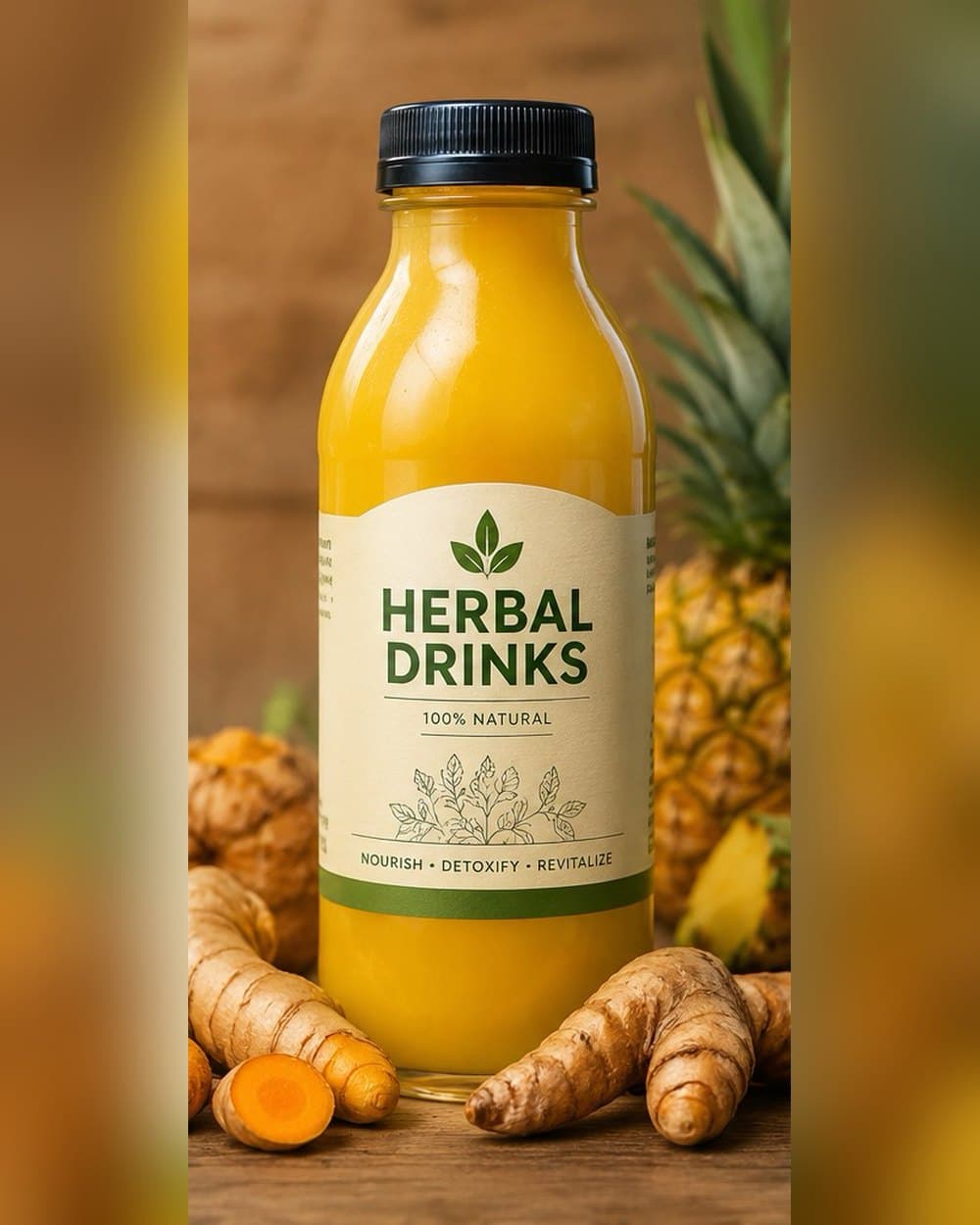 Bottle of Turmeric Gold beside fresh turmeric root, ginger and pineapple