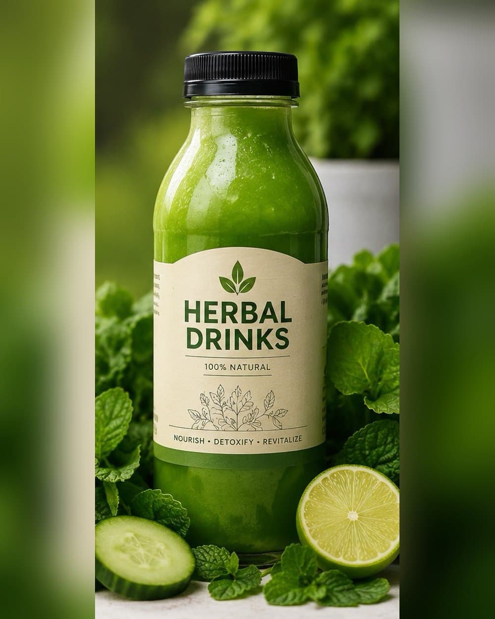 Bottle of Verdant Reset surrounded by fresh mint, cucumber slices and a halved lime